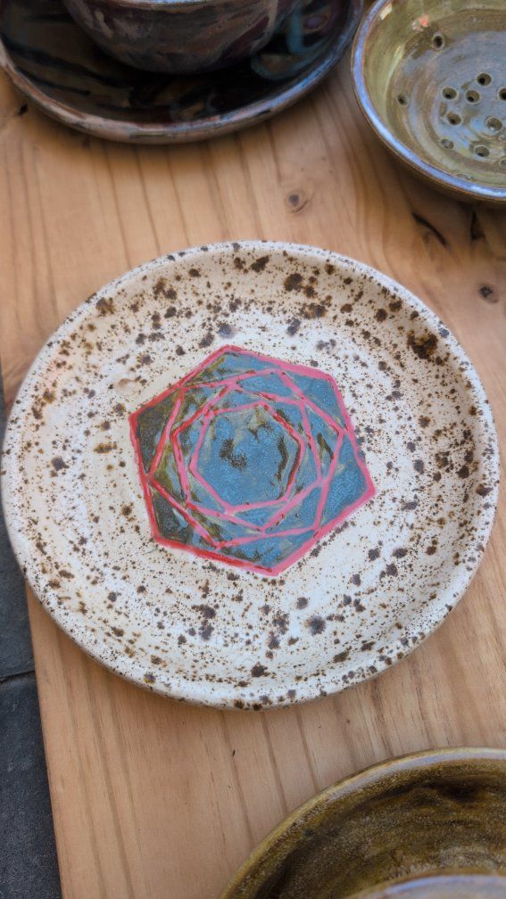 Handcrafted Ceramic Speckled Red & Teal Geometric Coffee Mug, Bowl, & Plate Set