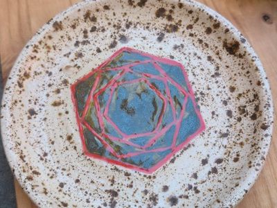 Handcrafted Ceramic Speckled Red & Teal Geometric Coffee Mug, Bowl, & Plate Set