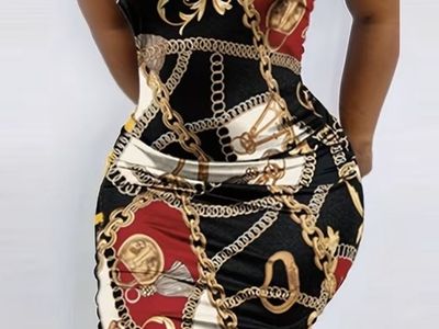Sleeveless Round Neck Chain Print Bodycon Dress -
