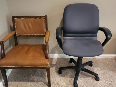 Pair of Office Chairs - Vintage Brown Leather Armchair & Gray Rolling Desk Chair $5 Each