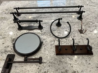 Bathroom Accessories--Towel Ring, Rods, Tissue Holder, Mirror--Oil Rubbed Bronze