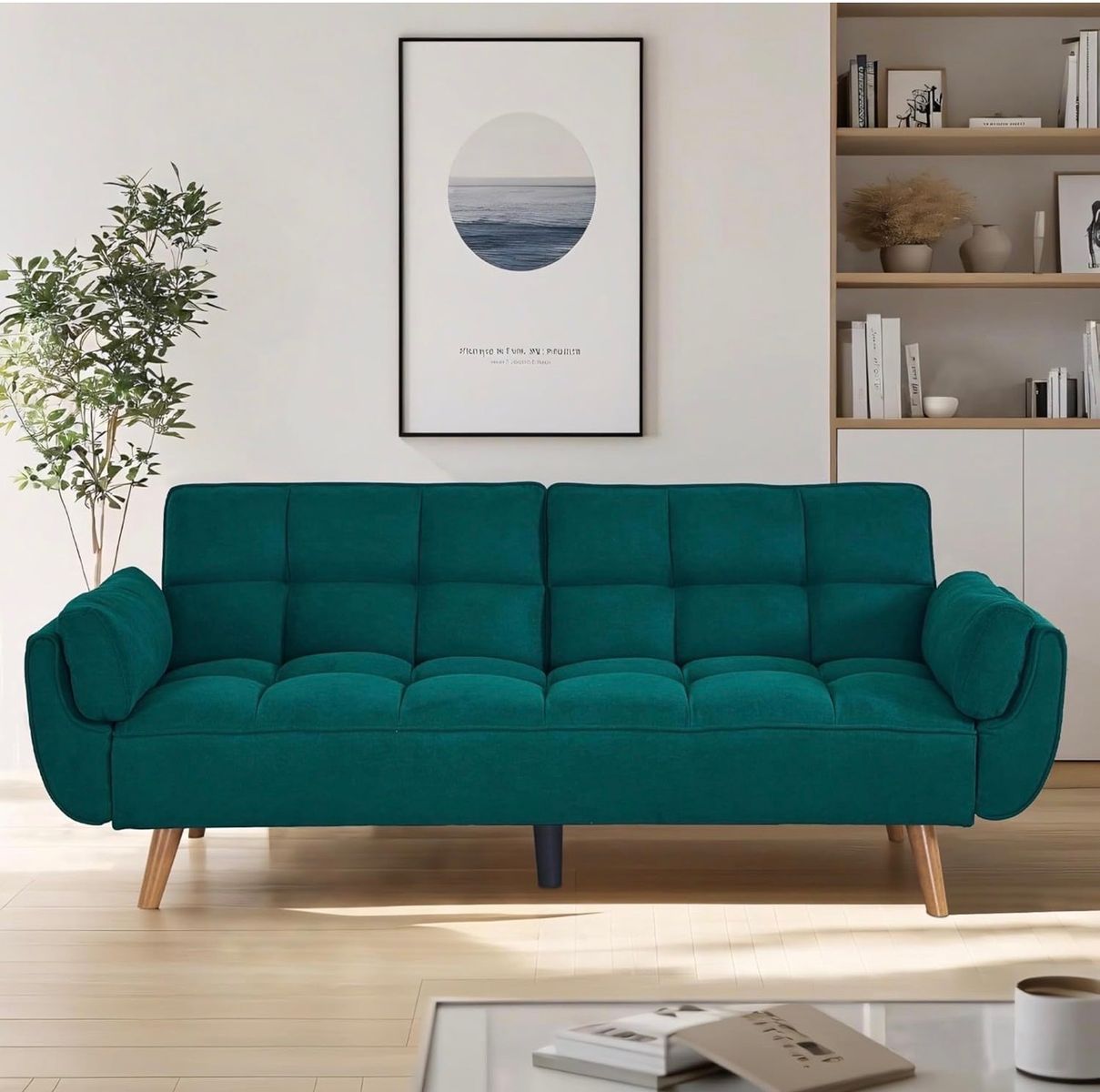 Brand new Convertible Futon Sofa Bed, Adjustable Backrest, Tufted, Velvet, Green