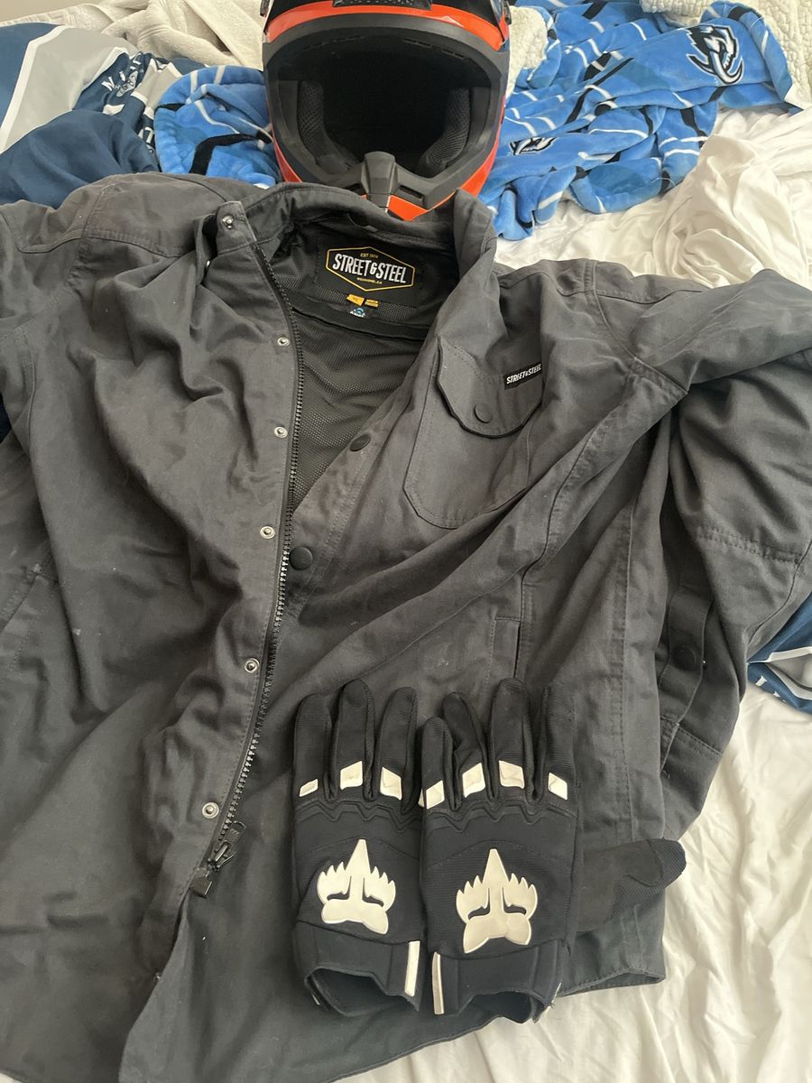 Street & Steel Motorcycle Riding Shirt Jacket with Bilt Helmet and Gloves