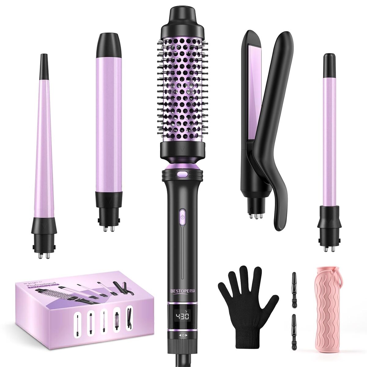 NEW 5 in 1 Curling Iron, Curling Wand Set with Thermal Brush, Flat Iron Hair Straightener, 3 Ceramic Irons (0.35"-1")