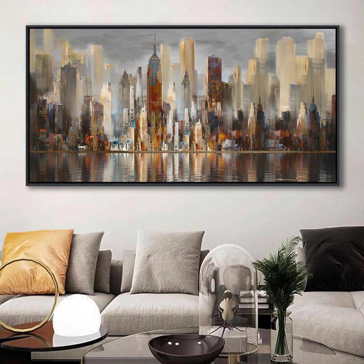 New Abstract Brown New York City canvas Wall Art Framed Large Wall Art for Living Room 24x48in