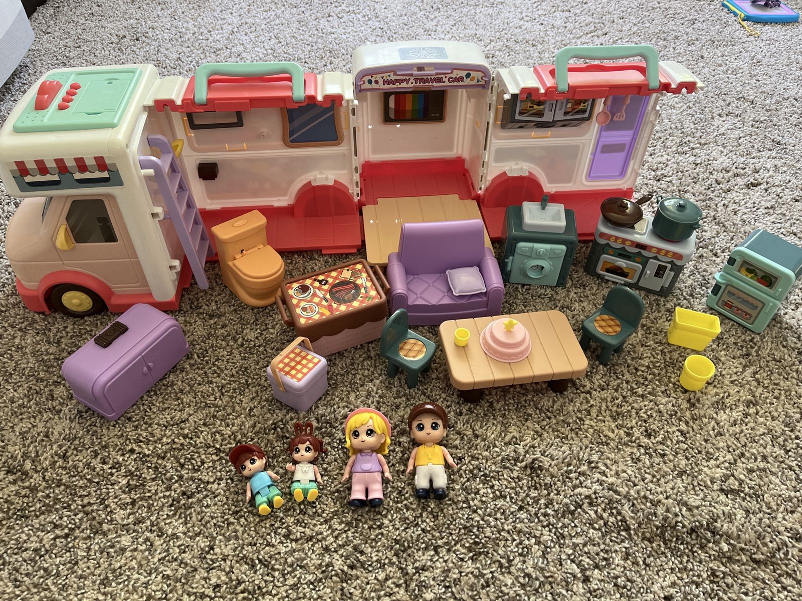 Happy Travel Car Toy Camper Playset with Dolls & Furniture - Lights & Sounds
