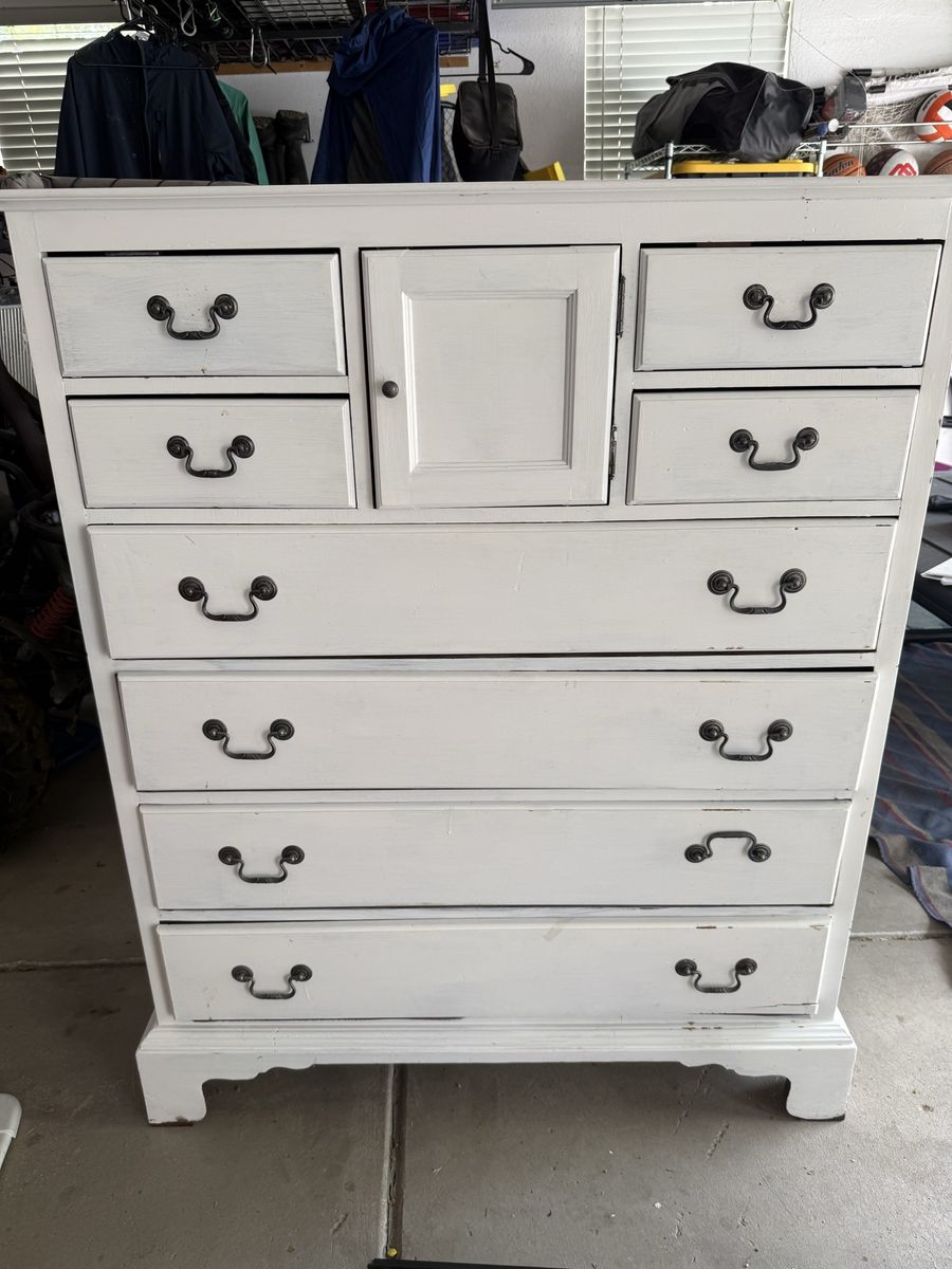 Distressed White Tall Wooden Dresser chest of drawers