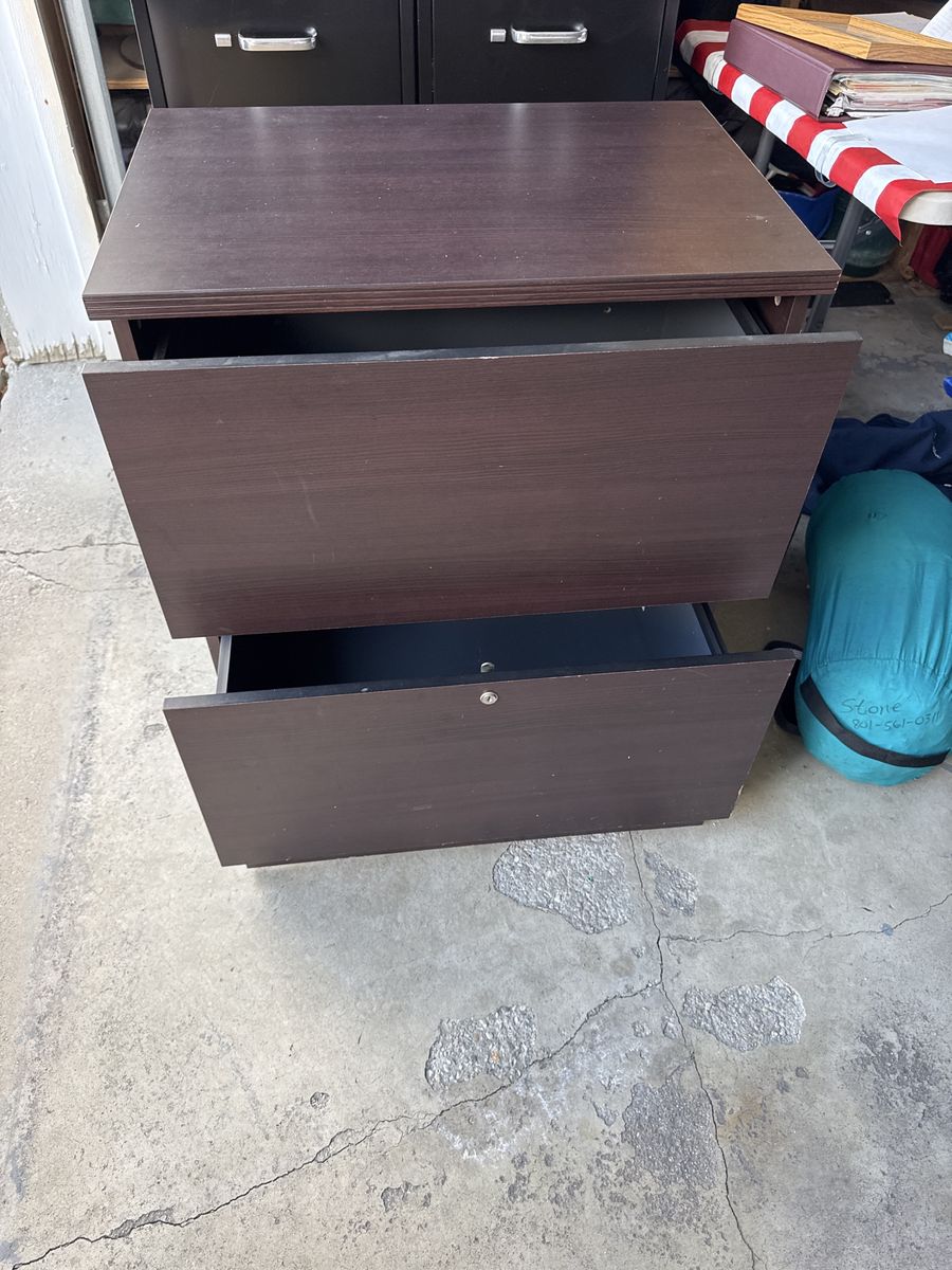 Dark Brown Wood Two-Drawer Filing Cabinet with Lock, Used