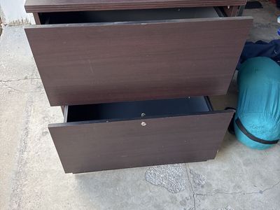 Dark Brown Wood Two-Drawer Filing Cabinet with Lock, Used