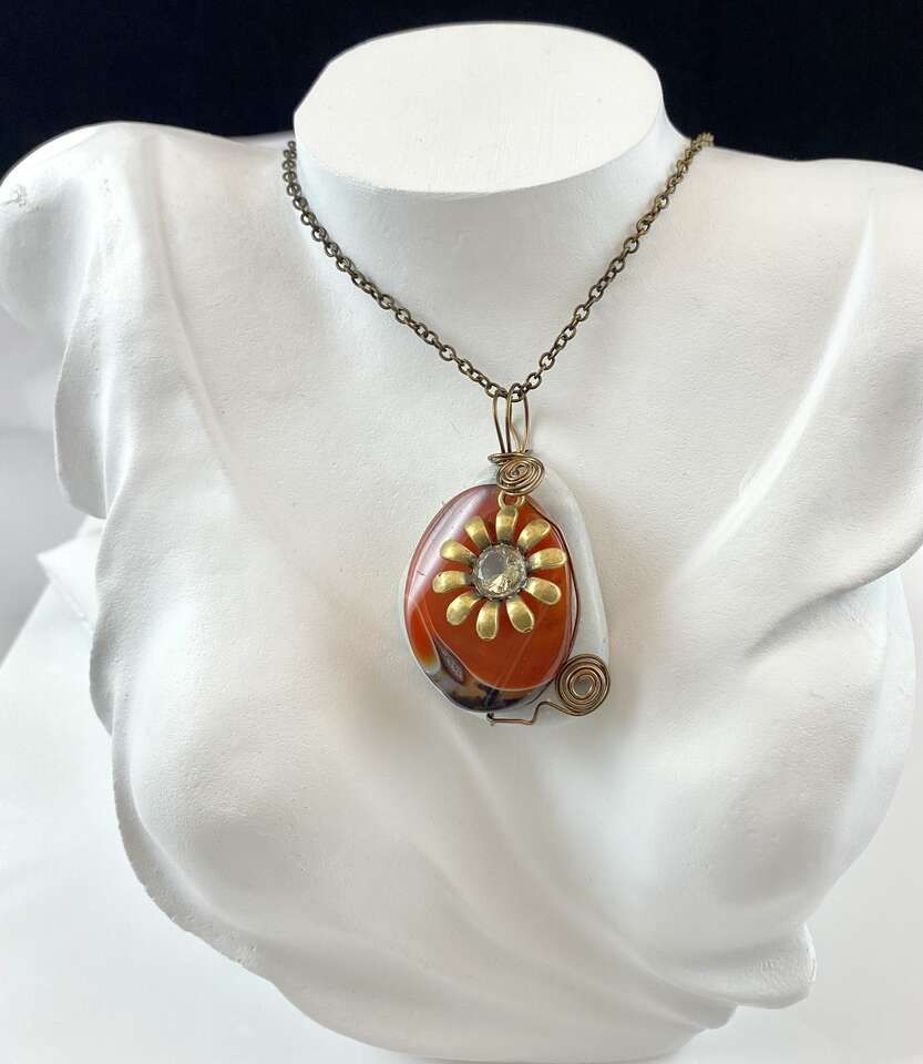 NEW - Gorgeous layered Pendant with Bonze Accents and Chain - A Truly Unique Piece - See Photos.