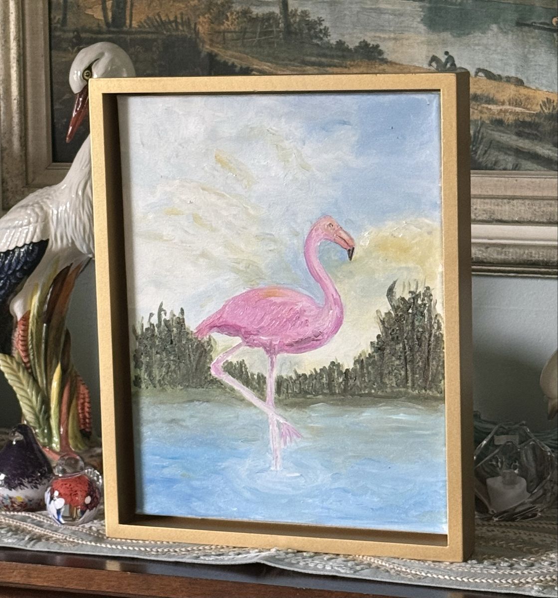 Hand-Painted Flamingo Art: Original oil Painting on Canvas, Gold Floating Frame, 11” x 14”