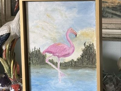 Hand-Painted Flamingo Art: Original oil Painting on Canvas, Gold Floating Frame, 11” x 14”