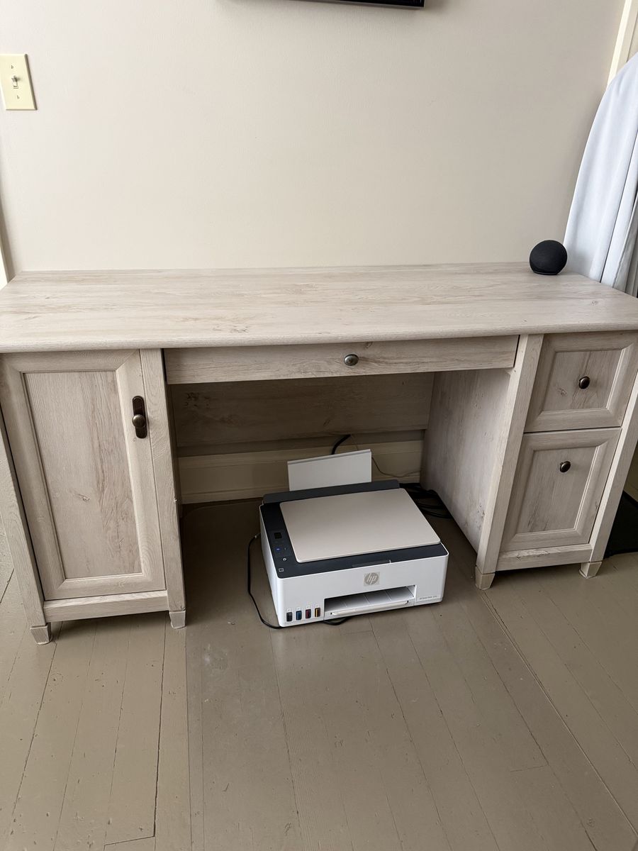 Light Wood Grain Office Desk with Storage, Drawer, and Filing Cabinet Space