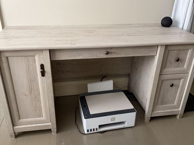 Light Wood Grain Office Desk with Storage, Drawer, and Filing Cabinet Space