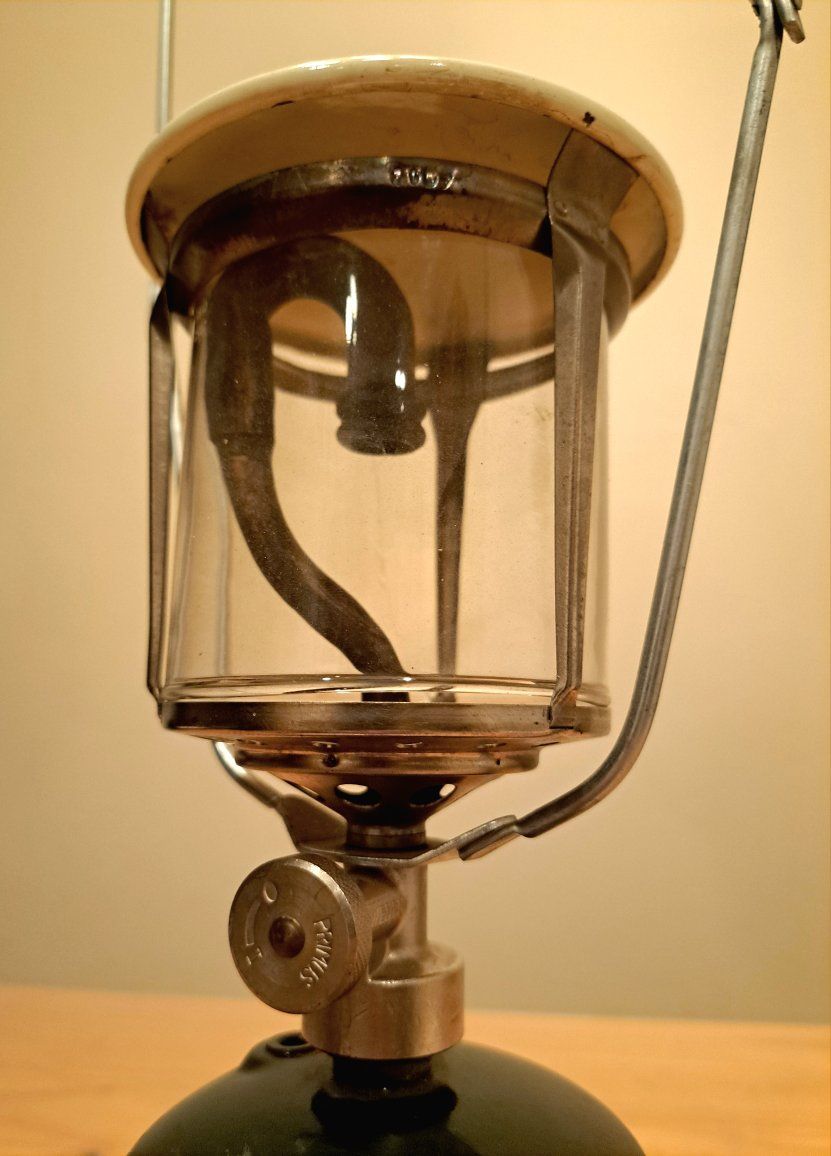 Vintage Primus Gas Camping Lantern with Glass Globe and Metal Handle