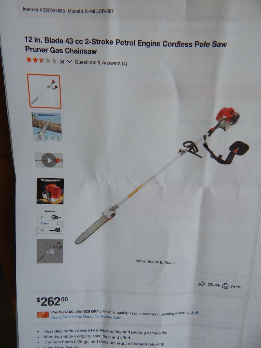12" Blade 43 cc 2 stroke cardless pole saw/pruner