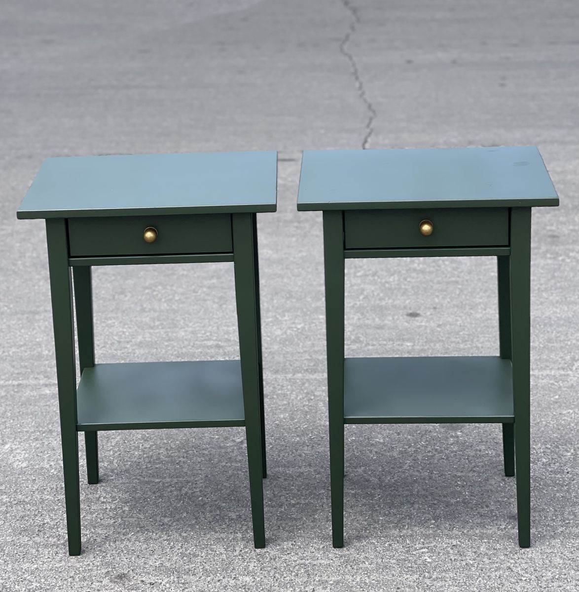 Pair of Dark Green Wood Nightstands / End Tables with Drawer & Shelf