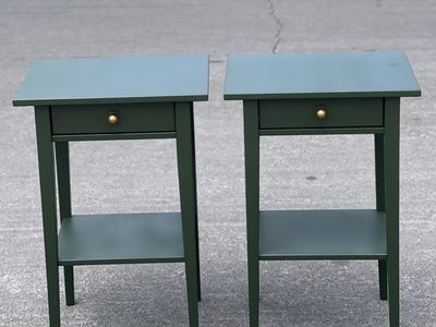 Pair of Dark Green Wood Nightstands / End Tables with Drawer & Shelf