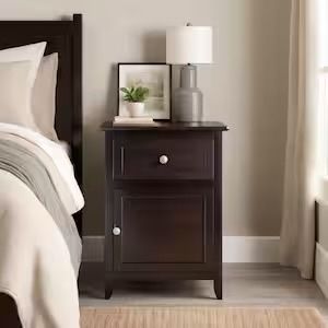Pair of Espresso Wood Nightstand with Drawer and Cabinet Storage