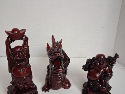 VINTAGE ASIAN ORNATE DRAGON & 2 BUDDHA'S