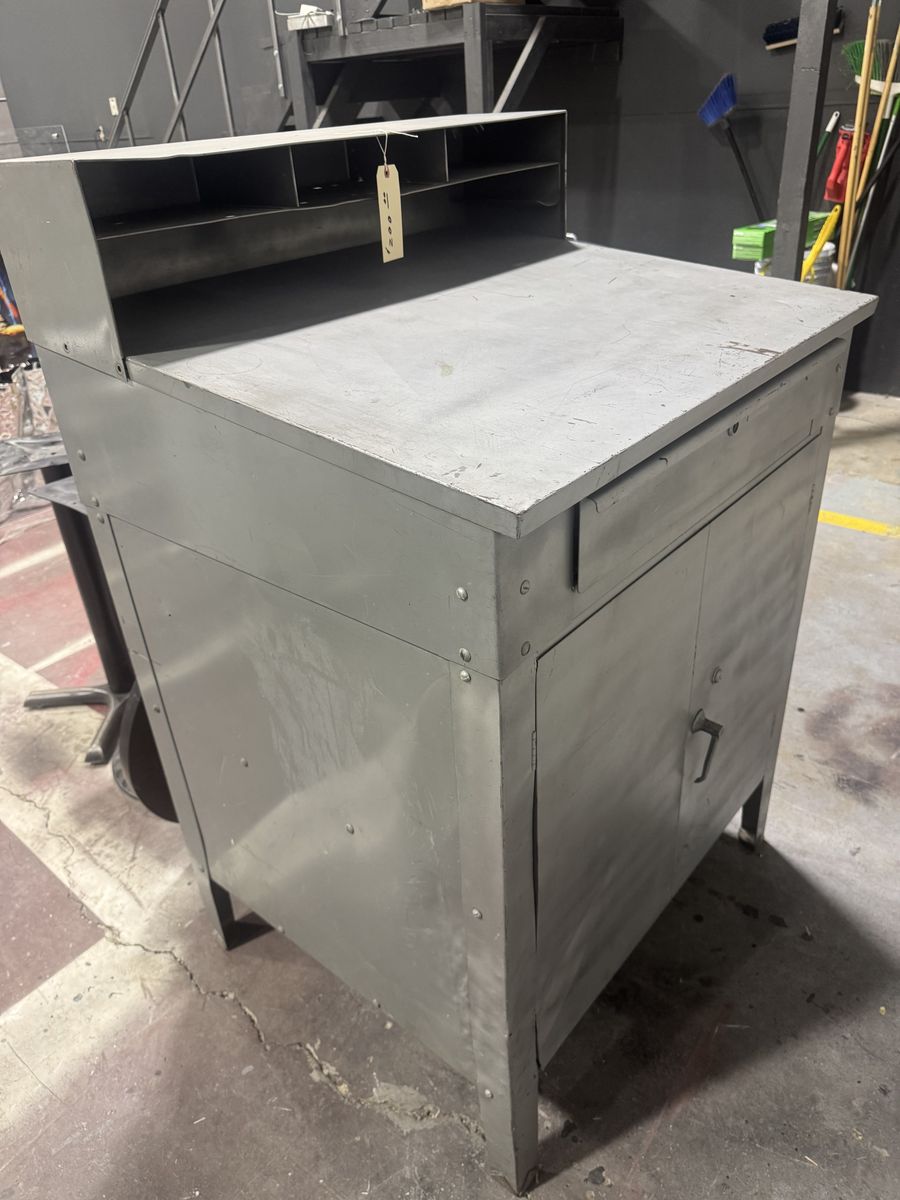 Vintage 1930  Steel Railroad Counter with shelving within cabinet cabinet