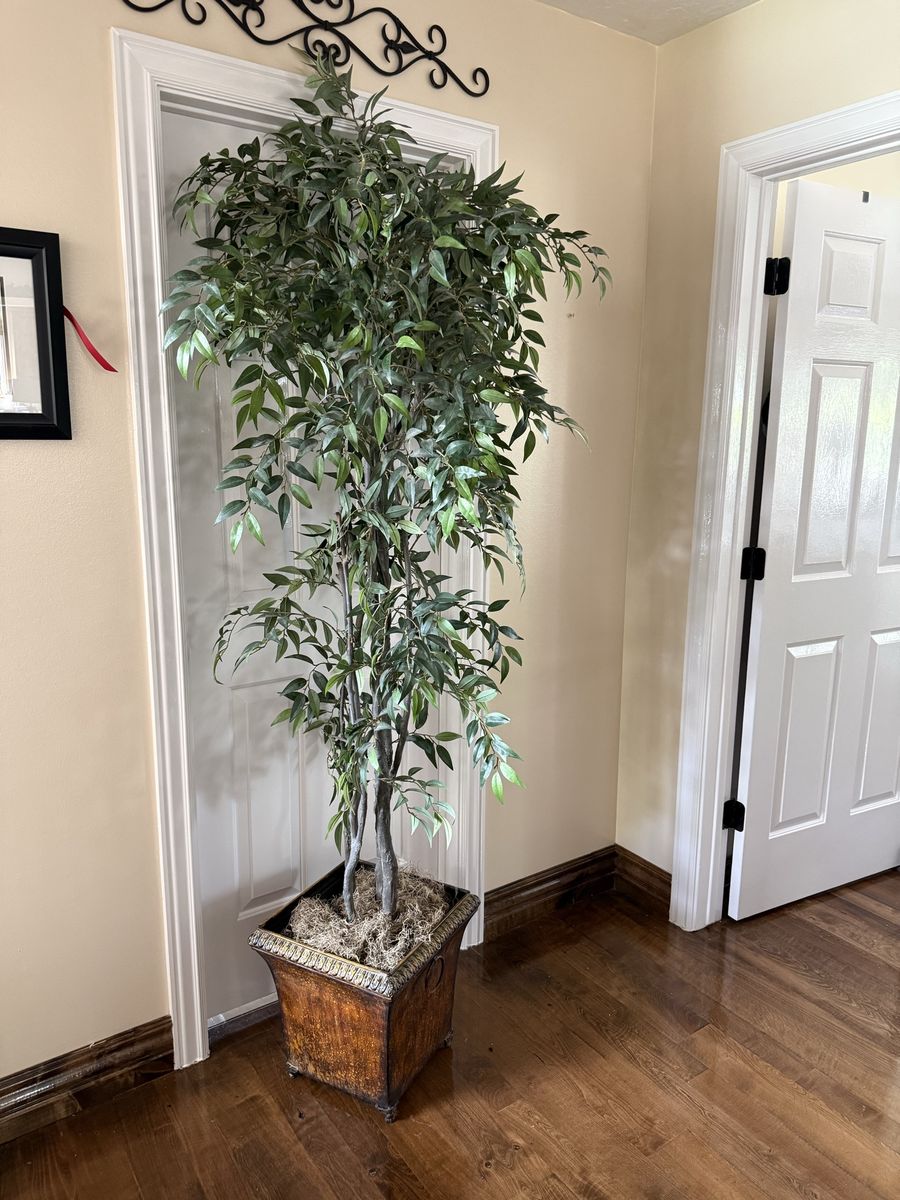 Tall fake ficus tree with metal pot 7’