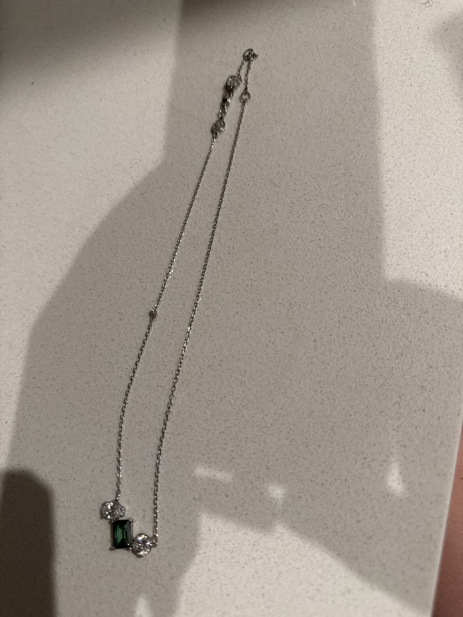 Delicate Silver Chain Necklace with Green Emerald Cut Stone & Clear Crystals - Adjustable Length