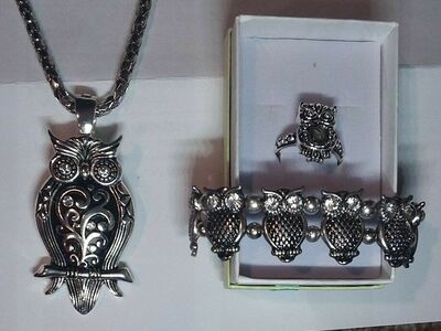 OWLS! NECKLACE, BRACELET, RING..RHINESTONE EYES