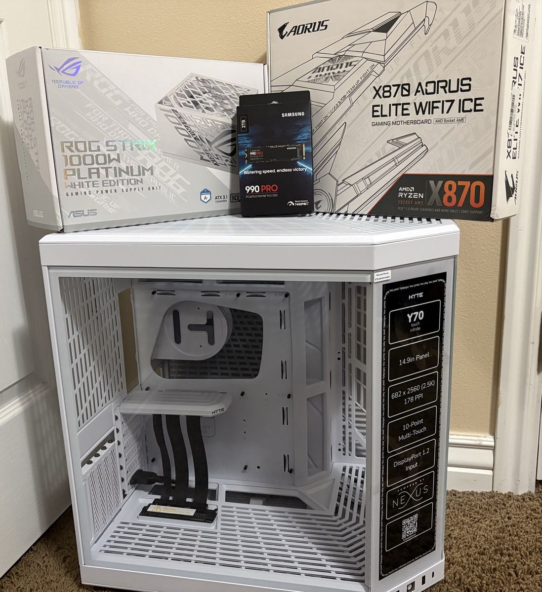 HYTE Y70 Touch Infinite PC Case, ASUS ROG Strix 1000W PSU, AORUS X870 Motherboard, Samsung 990 Pro 2TB SSD