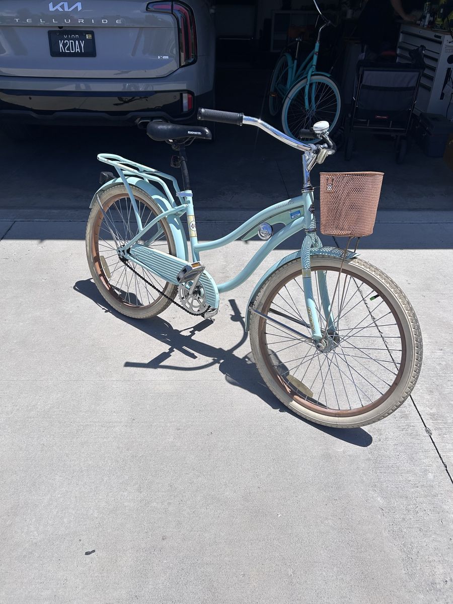 Huffy Panama Jack Beach Cruiser Bicycle - Light Blue with Basket and Rack