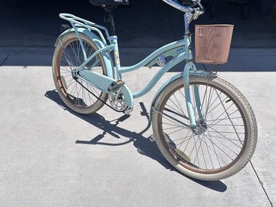 Huffy Panama Jack Beach Cruiser Bicycle - Light Blue with Basket and Rack