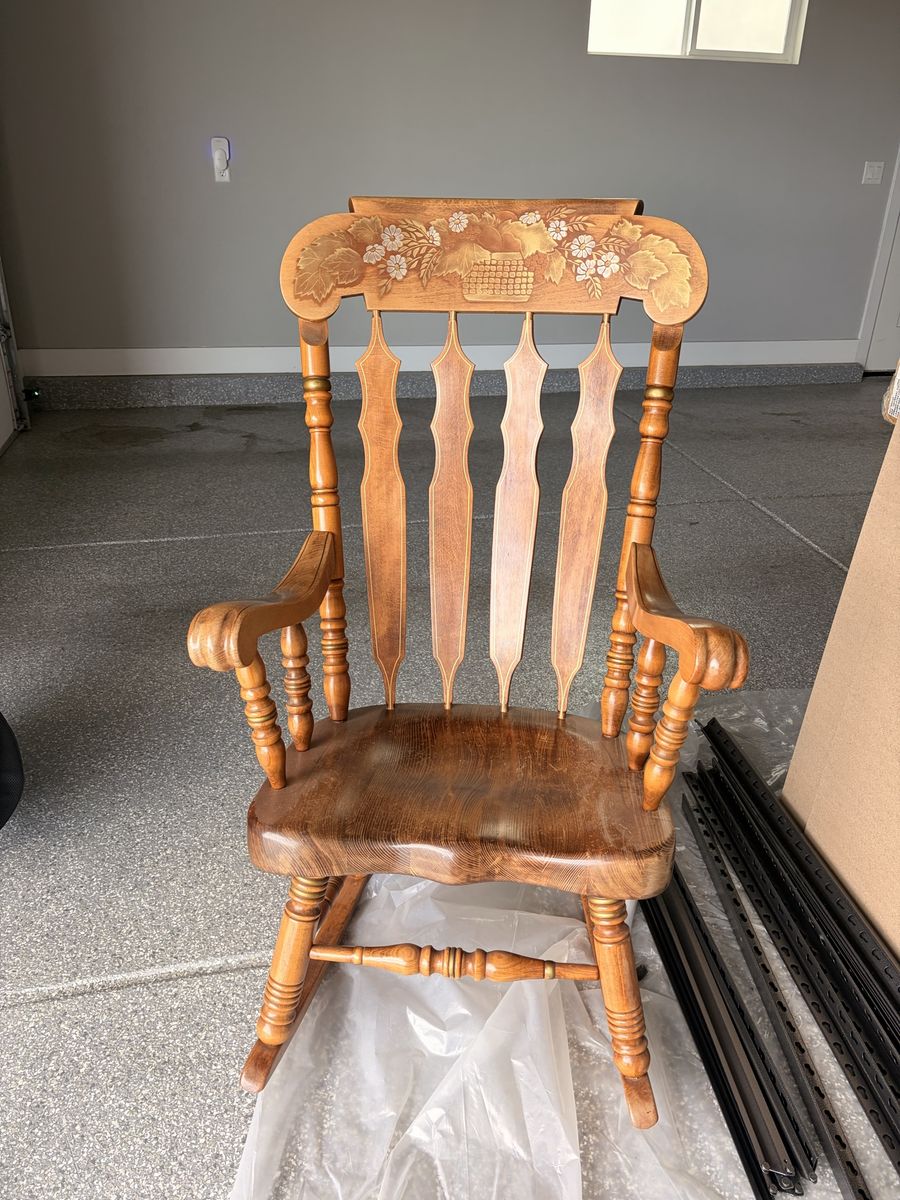 Vintage Wooden Rocking Chair with Floral Carved Crest and Spindle Back