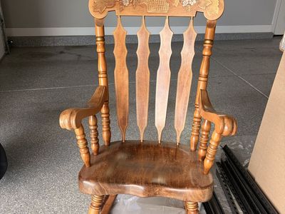 Vintage Wooden Rocking Chair with Floral Carved Crest and Spindle Back