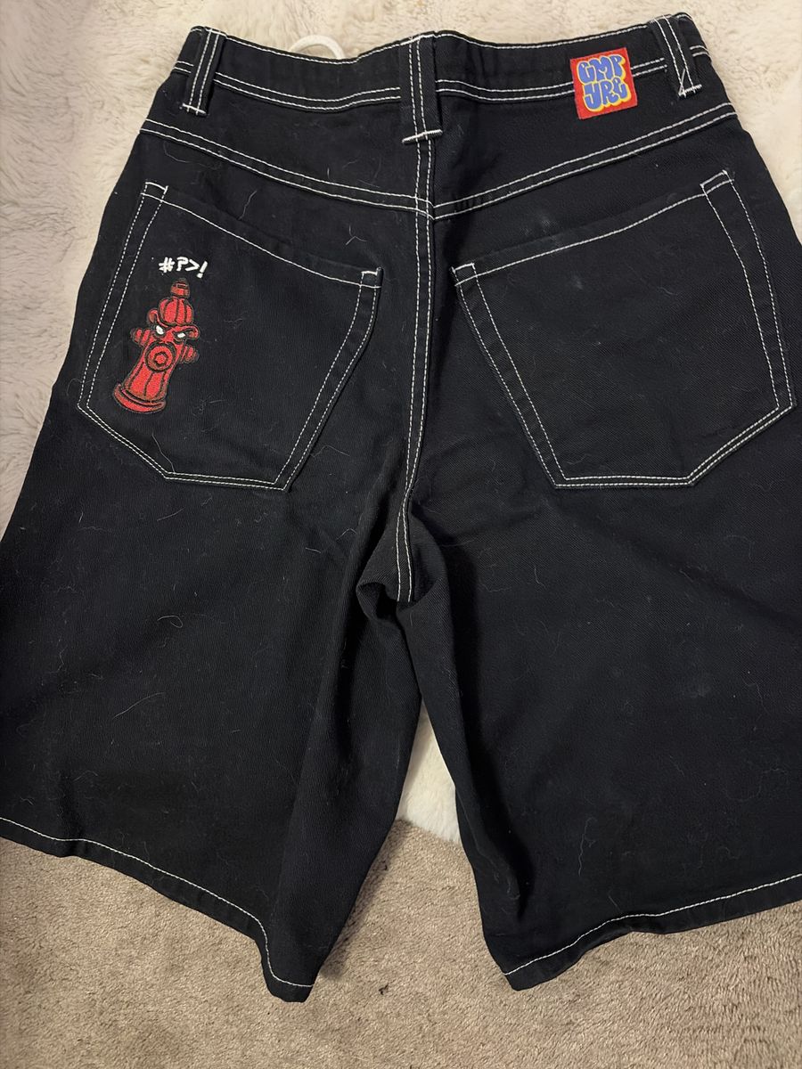 Empyre Black Denim Jorts Contrast Stitch Fire Hydrant Graphic Shorts Size 30