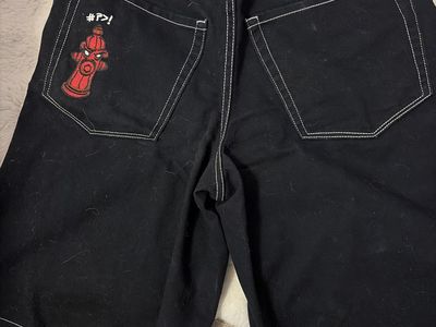 Empyre Black Denim Jorts Contrast Stitch Fire Hydrant Graphic Shorts Size 30