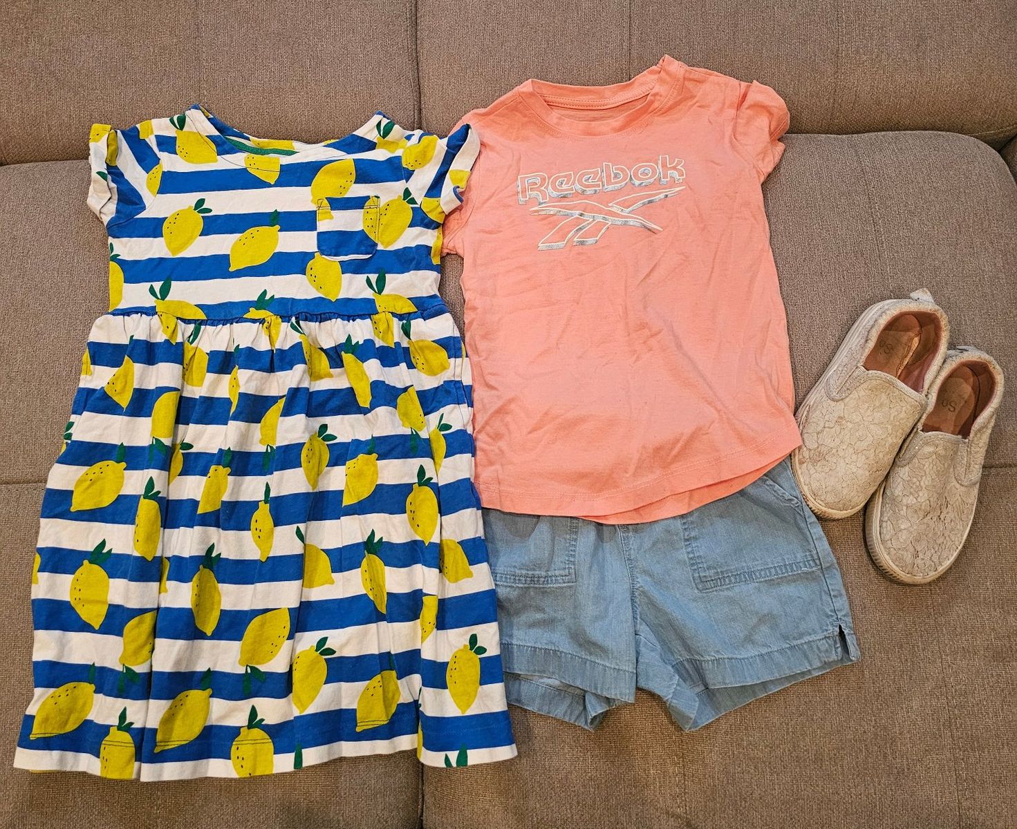 Girls 4-Piece Summer Clothing & Shoe Lot Size 7-8 Mini Boden Reebok Jumping Beans