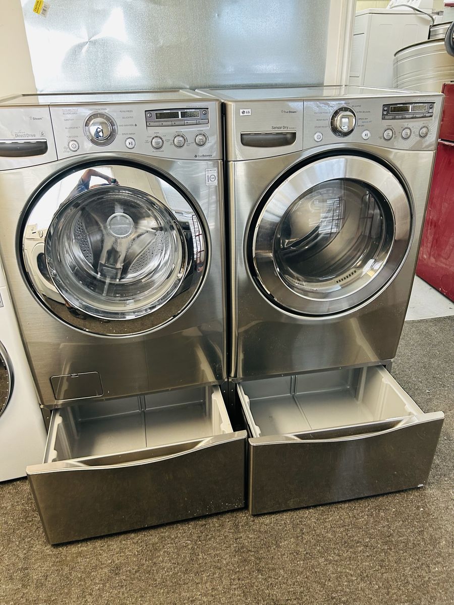 Lg stainless washer and dryer set with pedestals