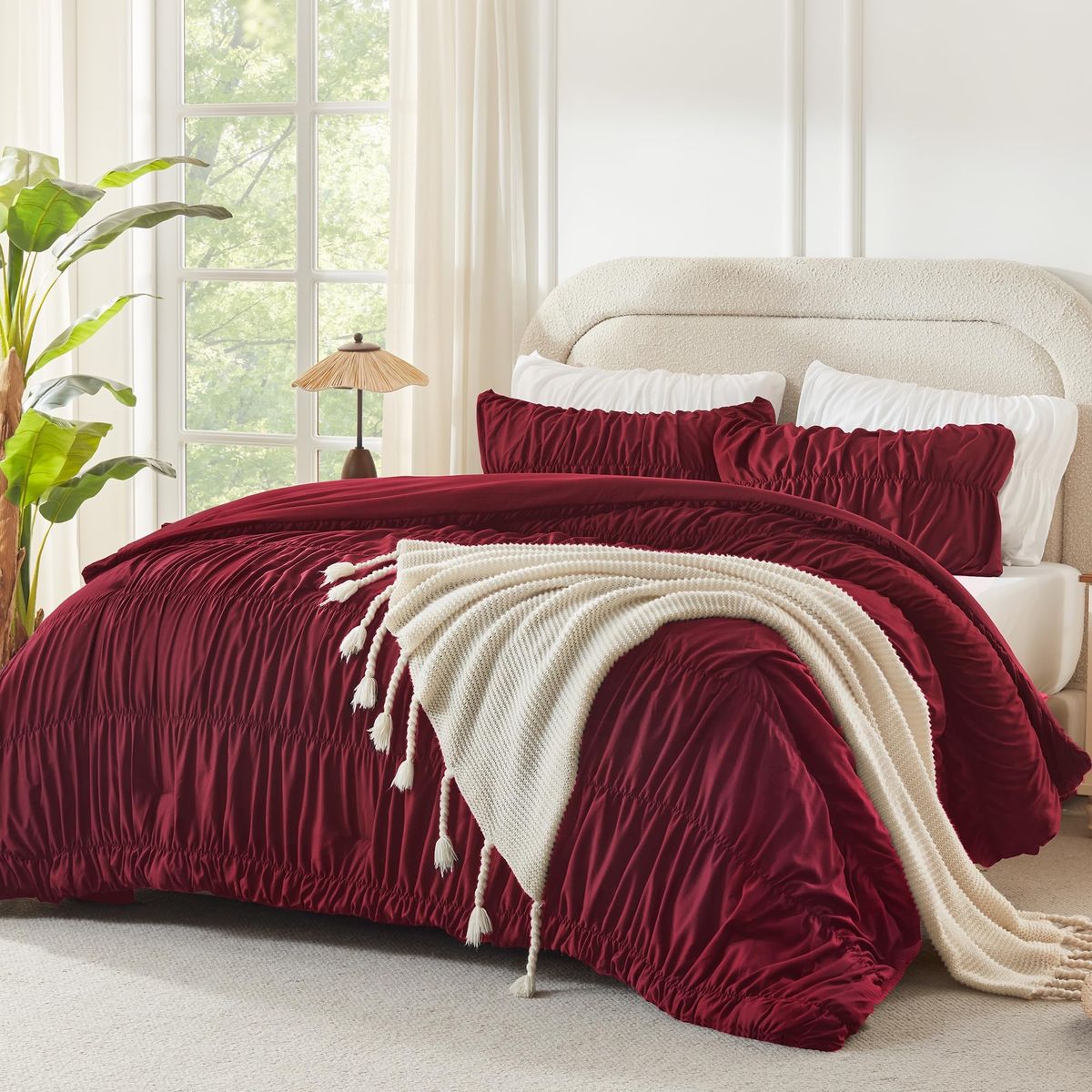 New! Andency Ruched Burgundy Queen Comforter Set, Boho Ruffle Bedding 3 Pieces