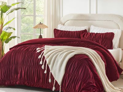 New! Andency Ruched Burgundy Queen Comforter Set, Boho Ruffle Bedding 3 Pieces