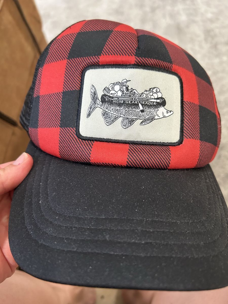 Moab Gear Trader Red & Black Buffalo Plaid Trucker Hat Fishing Graphic Adjustable Snapback