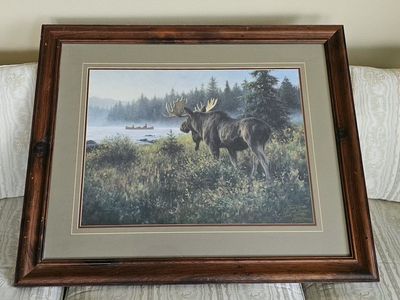 Signed Robert Duncan 'His Domaine' Moose Print Framed Wall Art, Personal Inscription, 35x29"