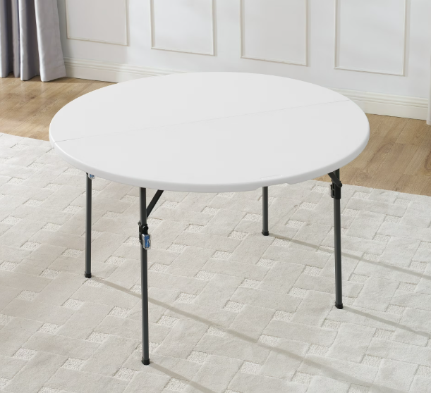 New in Box Mainstays 4 Foot Fold-in-Half Round Plastic Table, Indoor Outdoor, White