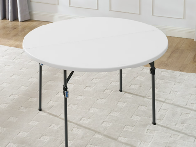 New in Box Mainstays 4 Foot Fold-in-Half Round Plastic Table, Indoor Outdoor, White