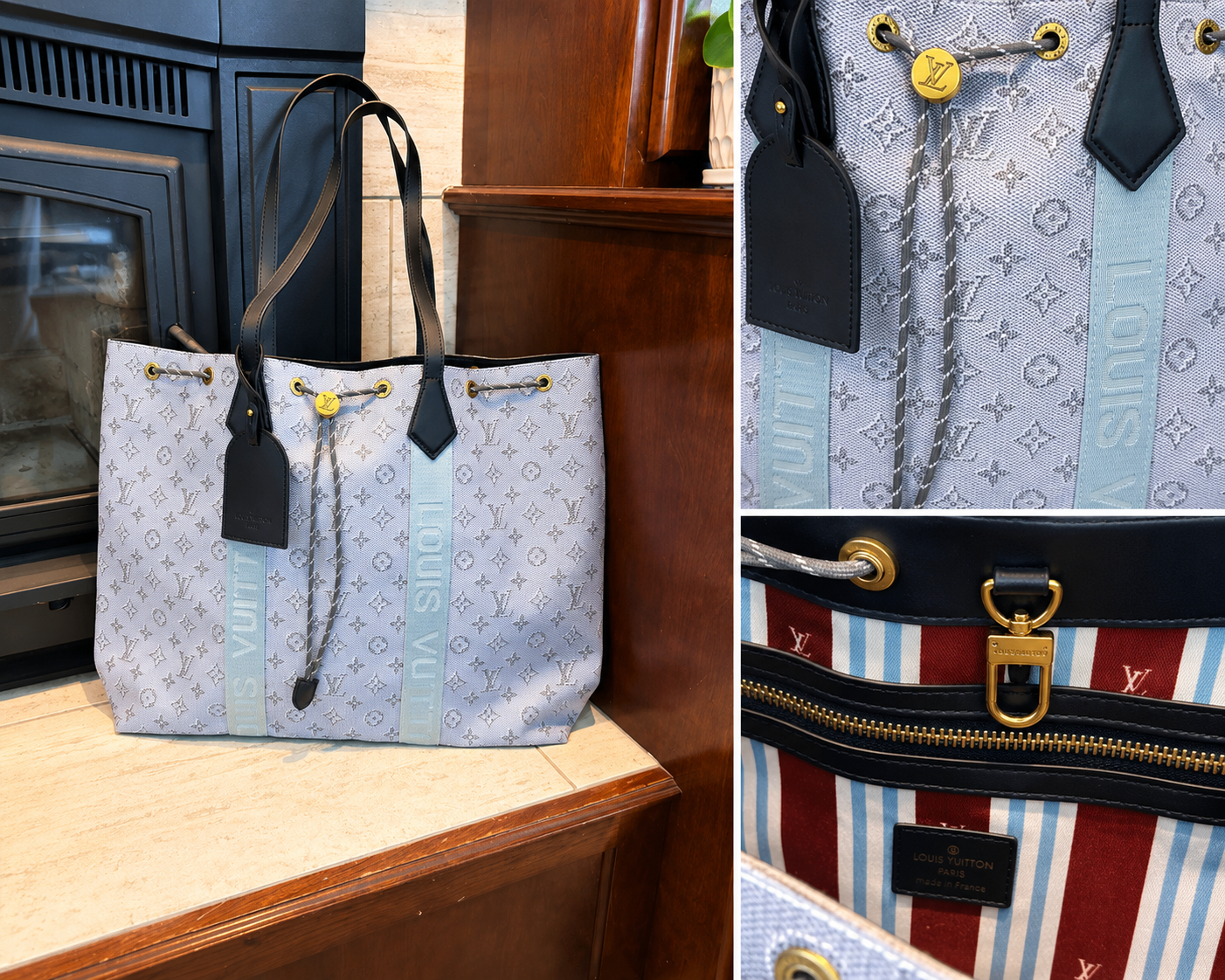 Beautiful LV Mono Large Tote Bag New Blue w/red 22in