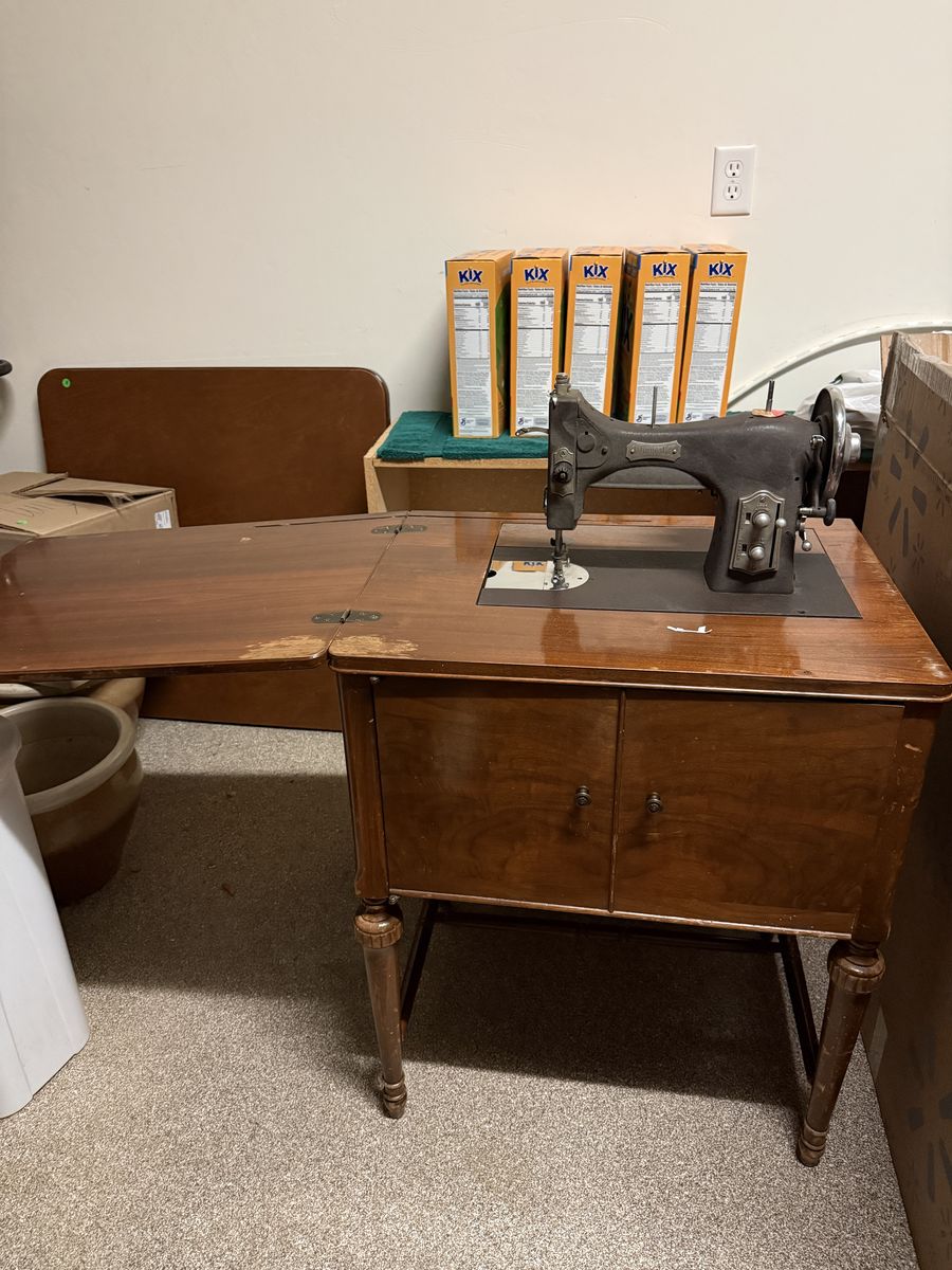 Domestic sewing machine in cabinet