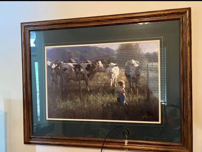 Robert Duncan Oak Framed Autographed/ Signed “Anniken and the Cows” Print/ Picture