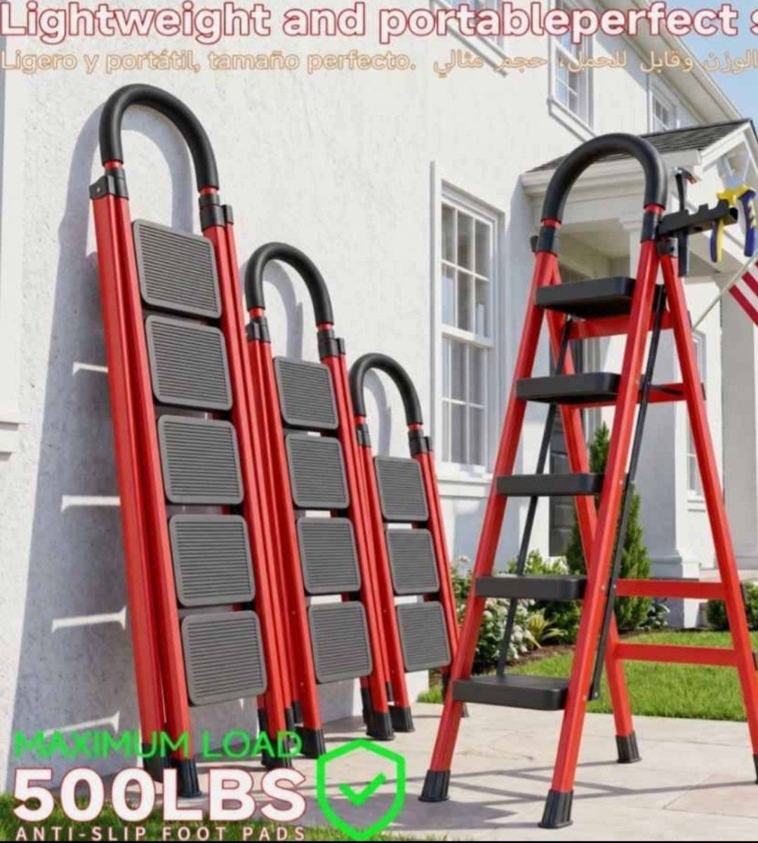 Red step Heavy-duty Steel Portable Folding Ladder 350 Lbs Weight Capacity #27