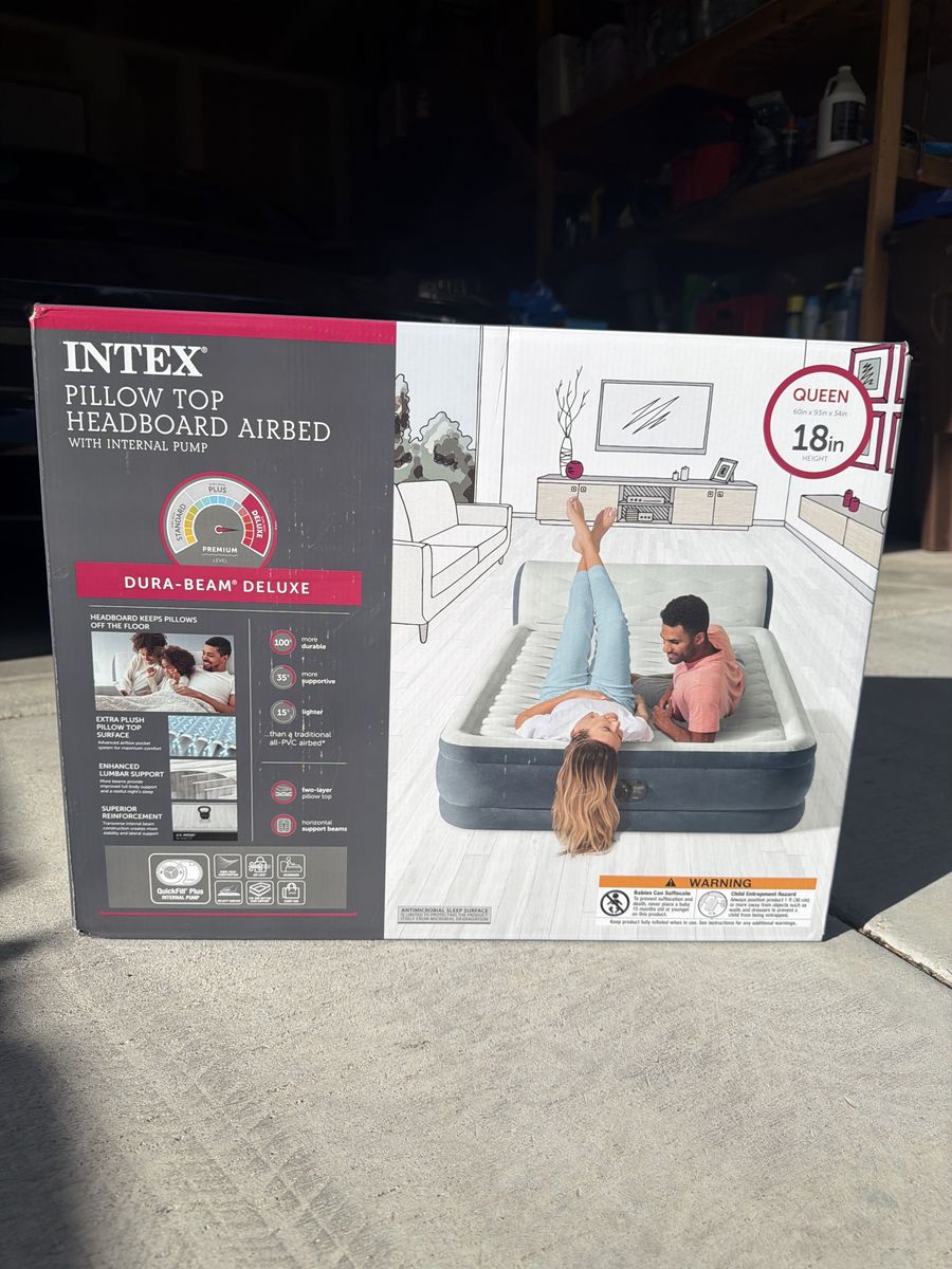 Brand New Intel Pillow Top Headboard Airbed / Mattress -Deluxe