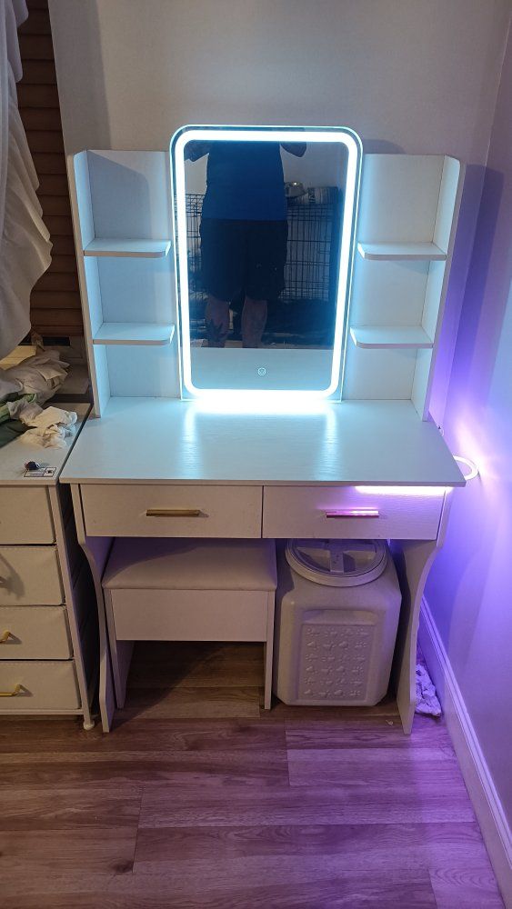 White Vanity Desk with Lighted Mirror, Storage Shelves, 2 Drawers, and Matching Stool