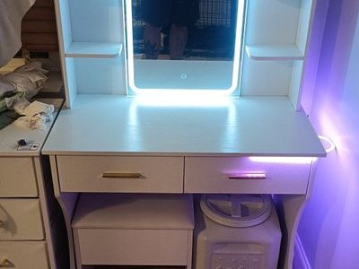 White Vanity Desk with Lighted Mirror, Storage Shelves, 2 Drawers, and Matching Stool